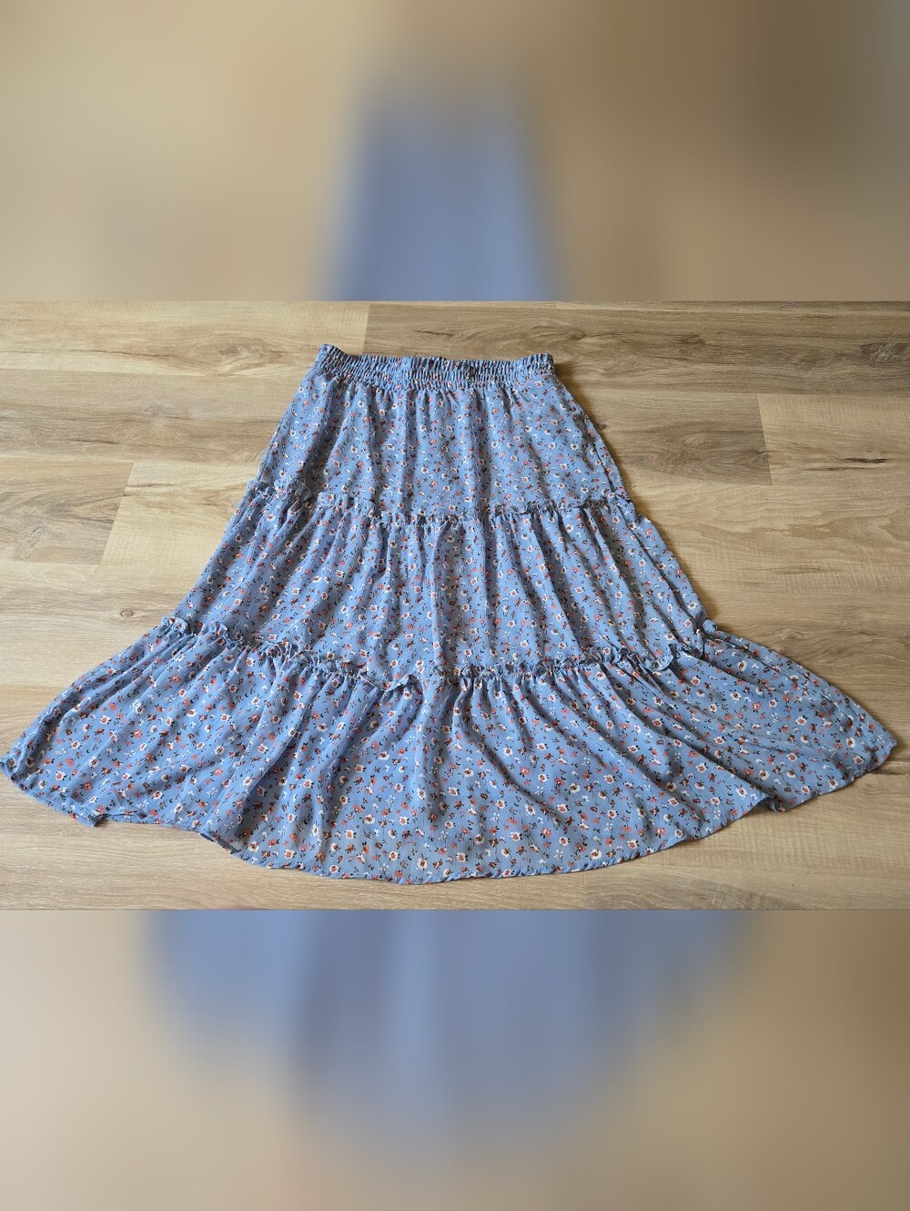 Blue Floral Tiered Midi Skirt with Elastic Waist